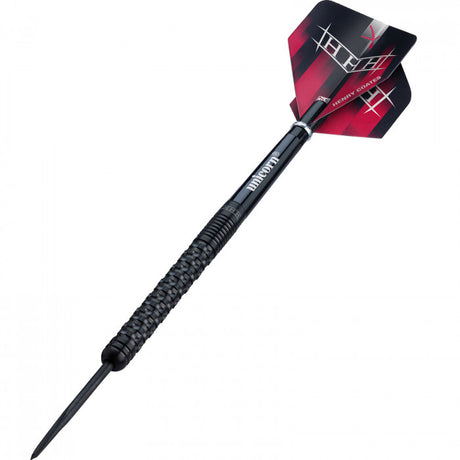Angled full view of single 90% tungsten dart with textured black barrel and red graphic flights, isolated on white background.