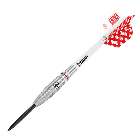 Bull's Niko Springer 90% tungsten dart with red and white Meenzer Bub flight