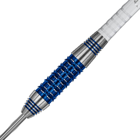 Winmau Andy Fordham SE dart at an angle showing the blue and silver barrel