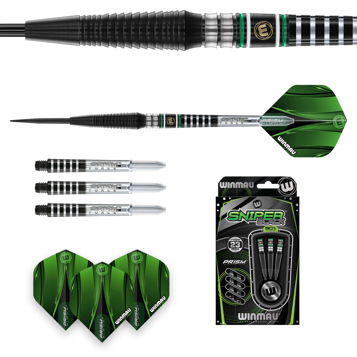 Winmau Sniper Black Style 2 set contents with Winmau shafts and flights