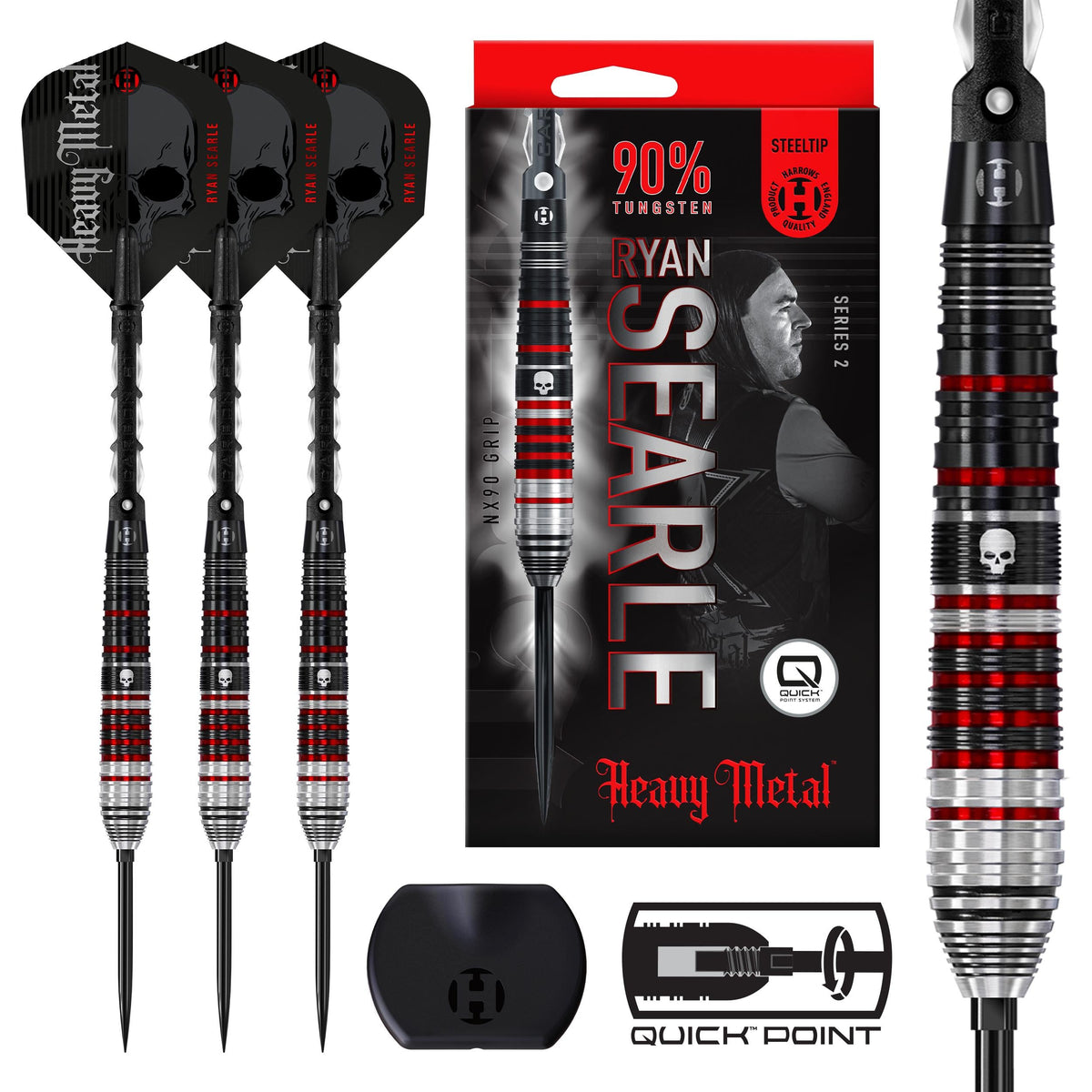 Harrows Ryan Searle Series 2 QP 90% tungsten darts with packaging, flights, shafts and Quick Point