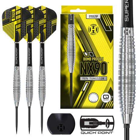 Harrows NX90 Bomb QP 90% tungsten darts with packaging, NX90 flights, Supergrip shafts and Quick Point