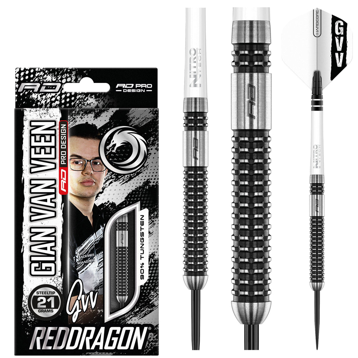 Red Dragon Gian van Veen Axis SE 90% tungsten darts with retail packaging