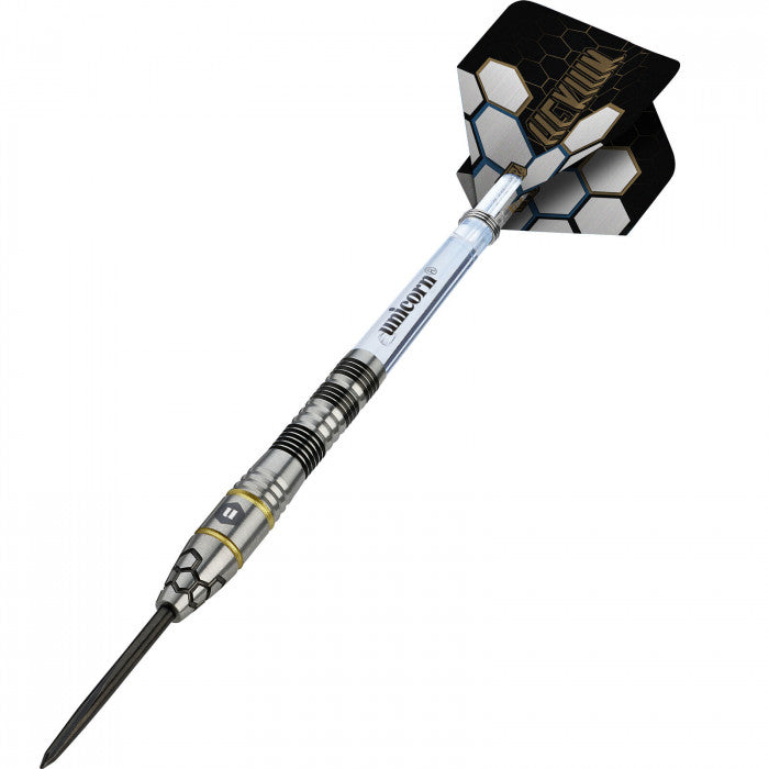 Angled view of a 90% tungsten dart with hex pattern flight and precision grip barrel, isolated on white background