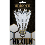 Three 90% tungsten darts in retail packaging, full view with white shafts, knurled barrels and aligned flights, ideal for steel tip dart players