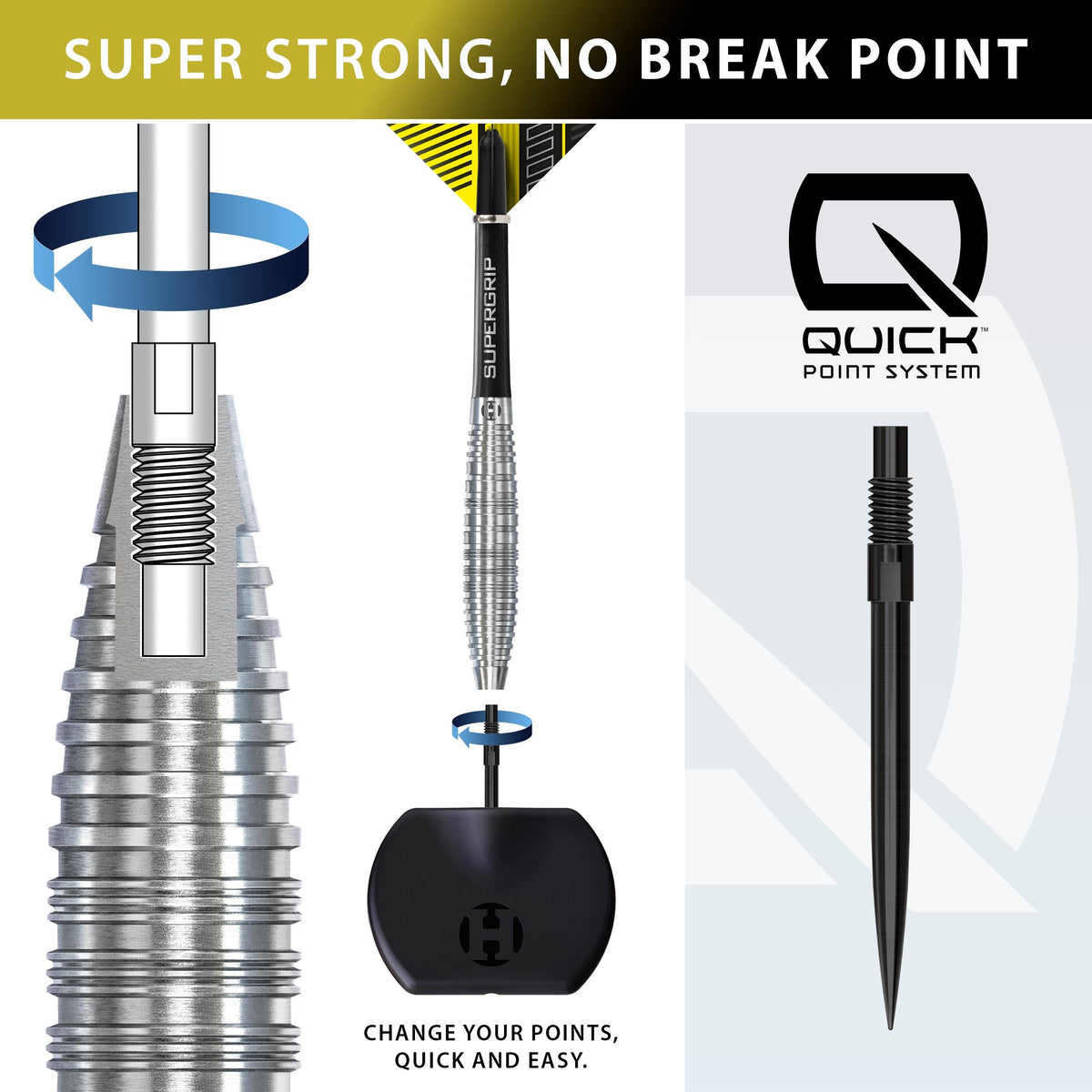Harrows Quick Point system - swap point length, colour or style by hand with no tool
