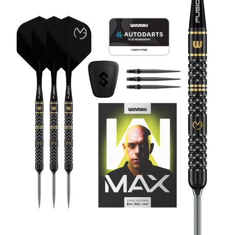 Winmau MVG W-Max 90% tungsten darts with MVG Fusion flights, retail packaging and black and gold Astra grip close-up
