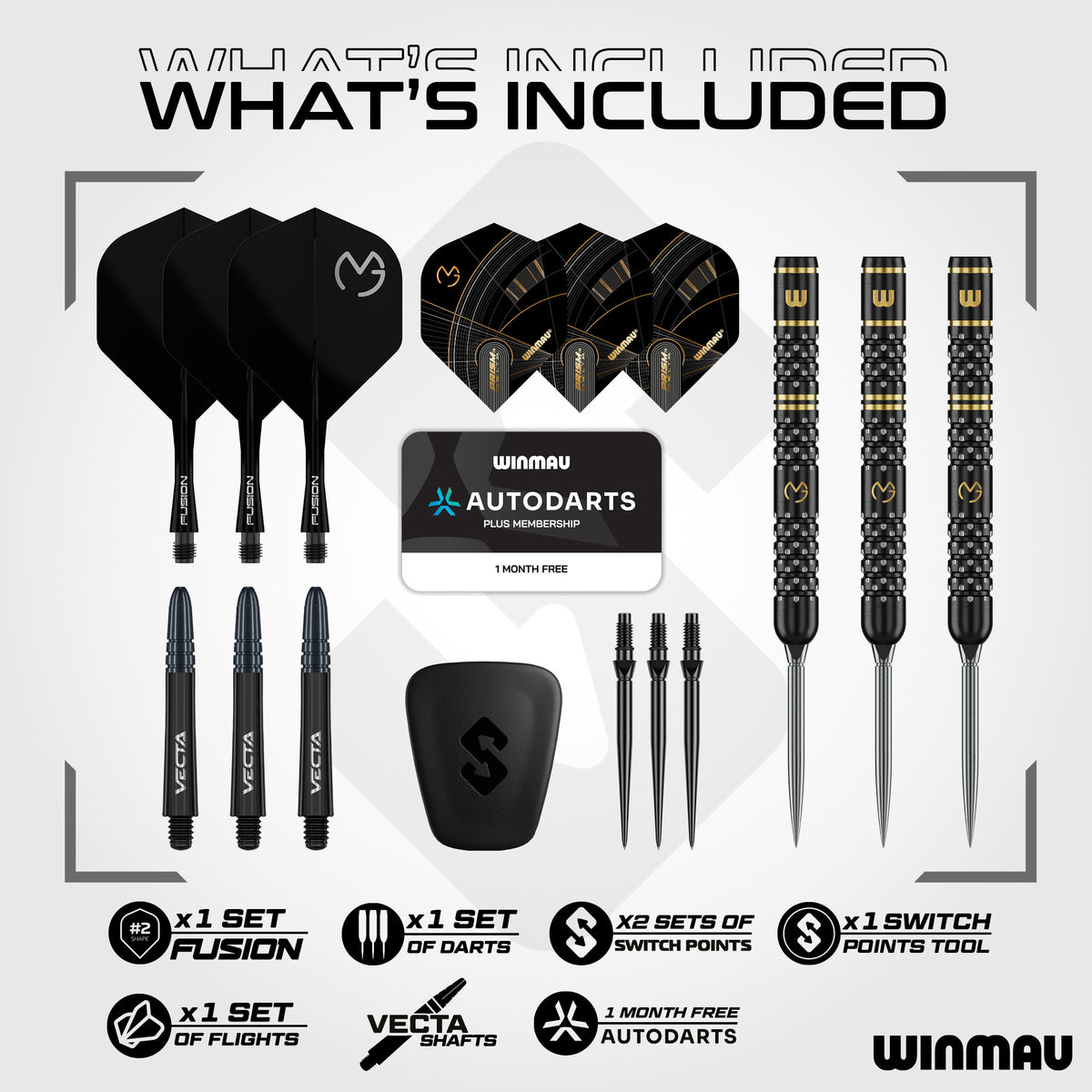 MVG W-Max box contents with tungsten darts, MVG Fusion units, standard flights, Vecta shafts, spare Switch Points, tool and Autodarts card