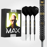 Winmau MVG W-Max dart set alongside Michael van Gerwen retail packaging and gold Astra barrel close-up