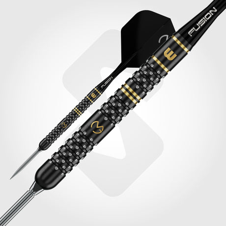 Close-up of Winmau MVG W-Max onyx barrel with 24-carat gold and silver detail and multi-directional Astra grip