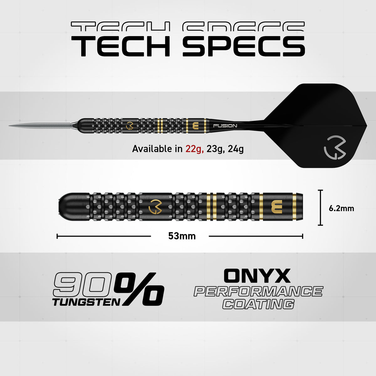 Winmau MVG W-Max 22g dart specification graphic with 53mm barrel length and 6.2mm diameter