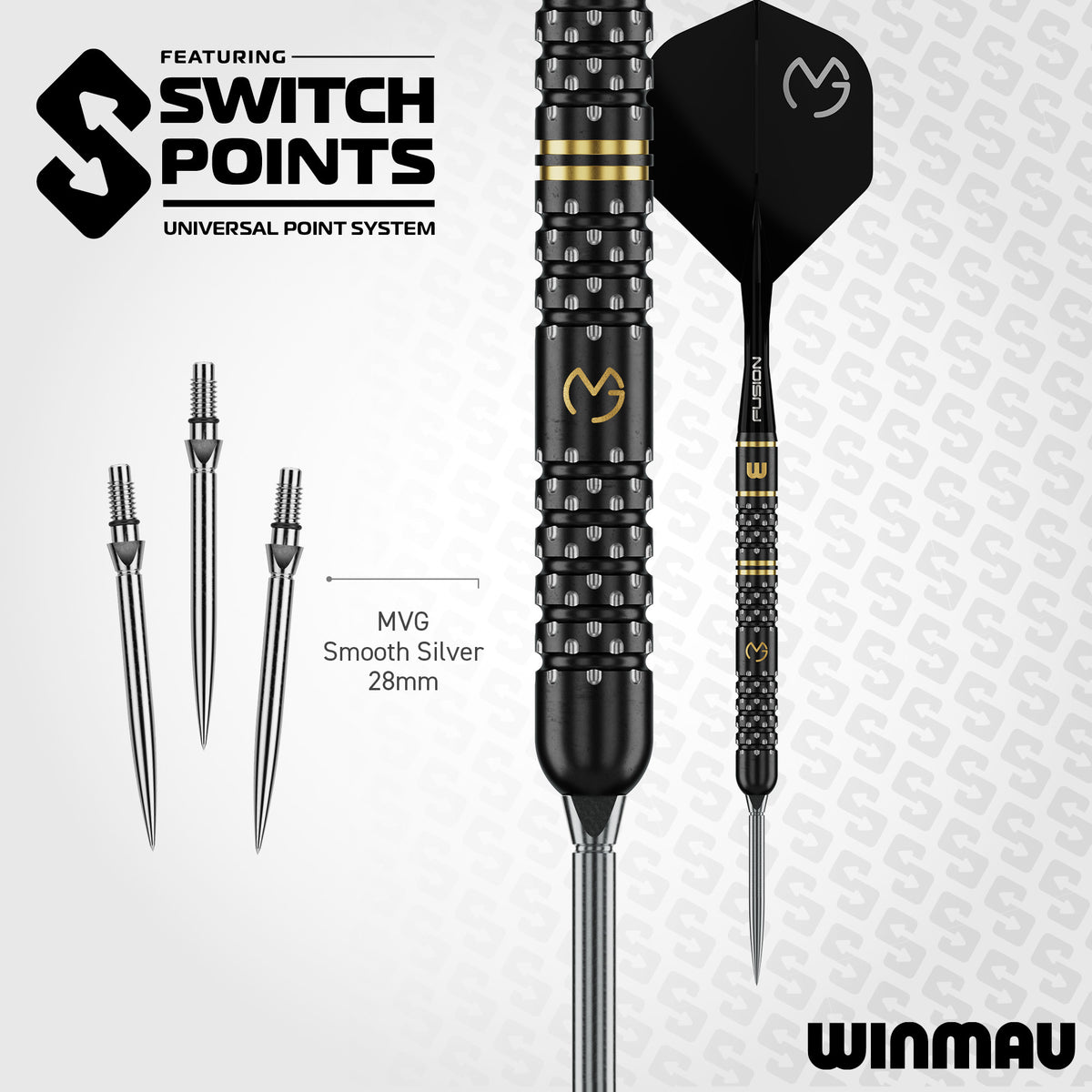 Winmau MVG W-Max Switch Point system showing the interchangeable point connection
