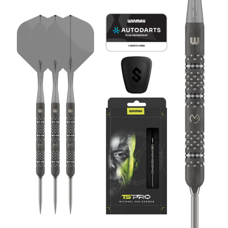 Winmau MVG TS-Pro 90% tungsten darts with Fusion No.2 flights, retail packaging and remachined Astra grip close-up