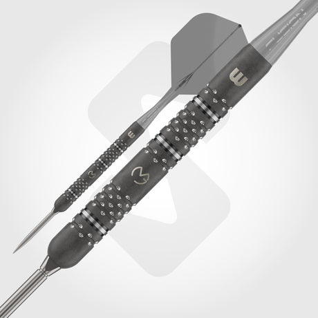 Close-up of Winmau MVG TS-Pro grey shot-blast barrel and silver remachined Astra grip