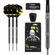 Winmau MVG TS 90% tungsten darts with green MVG flights, retail packaging and ringed barrel close-up