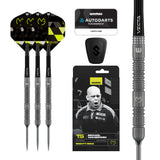 Winmau MVG TS 90% tungsten darts with green MVG flights, retail packaging and ringed barrel close-up