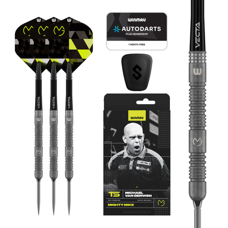 Winmau MVG TS 90% tungsten darts with green MVG flights, retail packaging and ringed barrel close-up