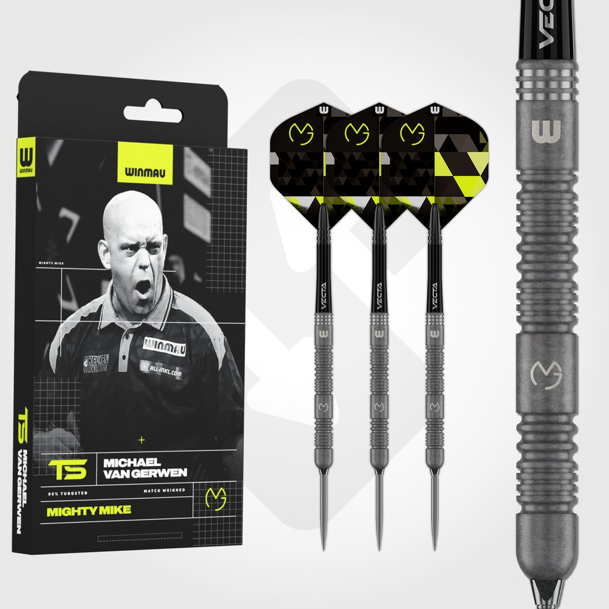 Winmau MVG TS dart set alongside Michael van Gerwen retail packaging and ringed barrel close-up