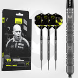 Winmau MVG TS dart set alongside Michael van Gerwen retail packaging and ringed barrel close-up