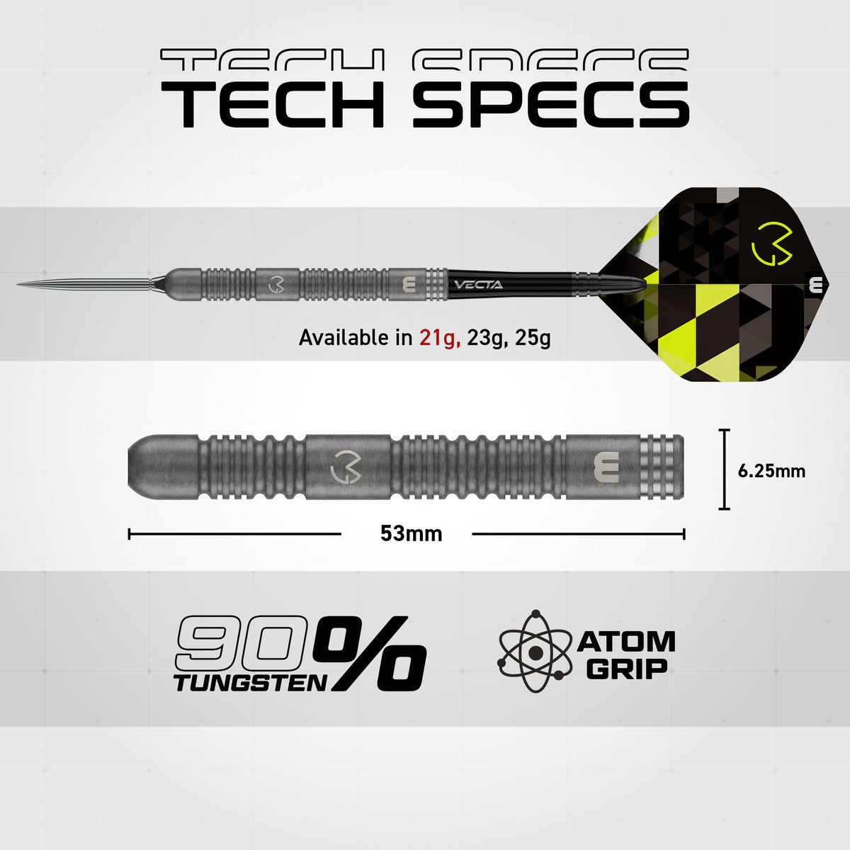 Winmau MVG TS 21g dart specification graphic with 53mm barrel length and 6.25mm diameter