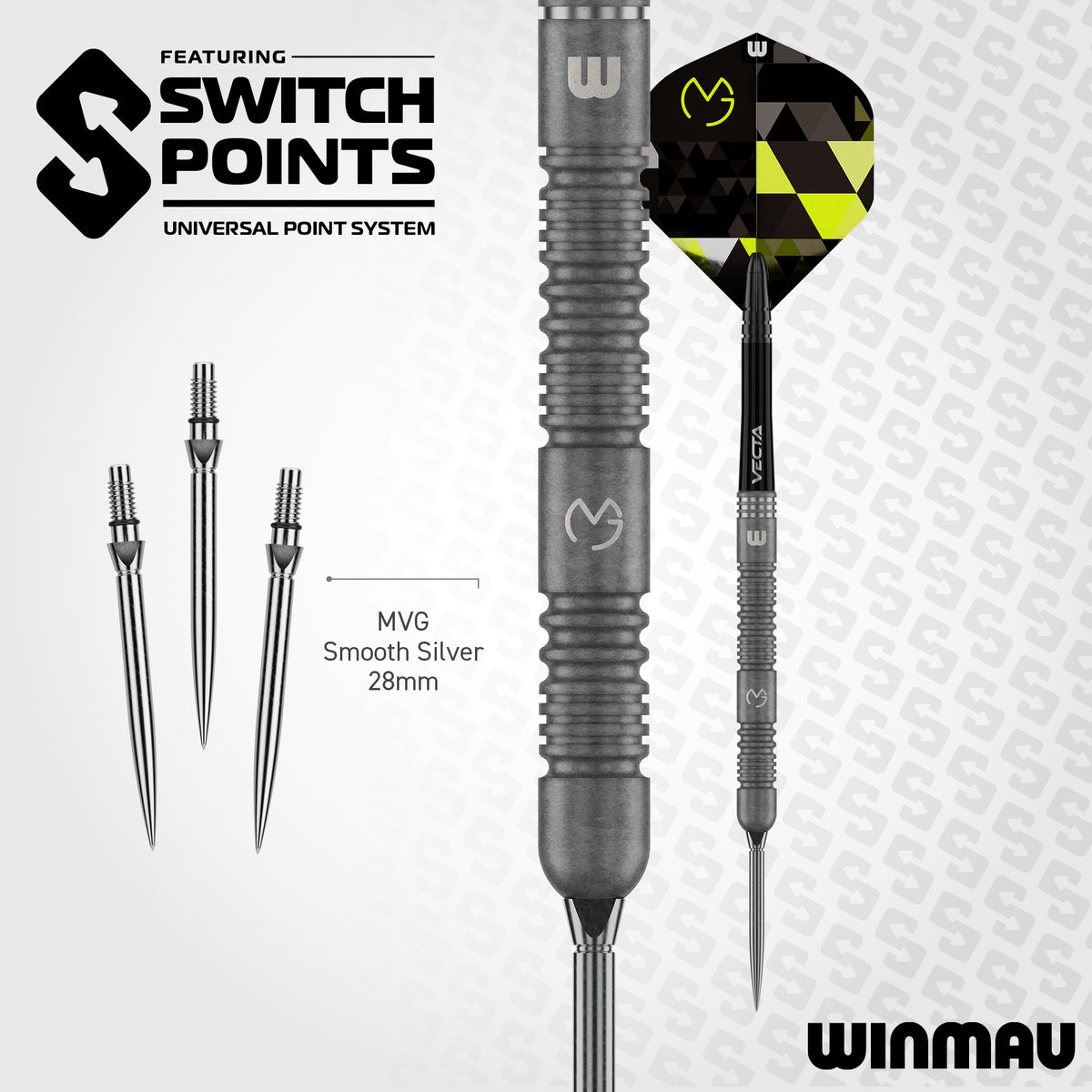 Winmau MVG TS Switch Point system showing the interchangeable point connection