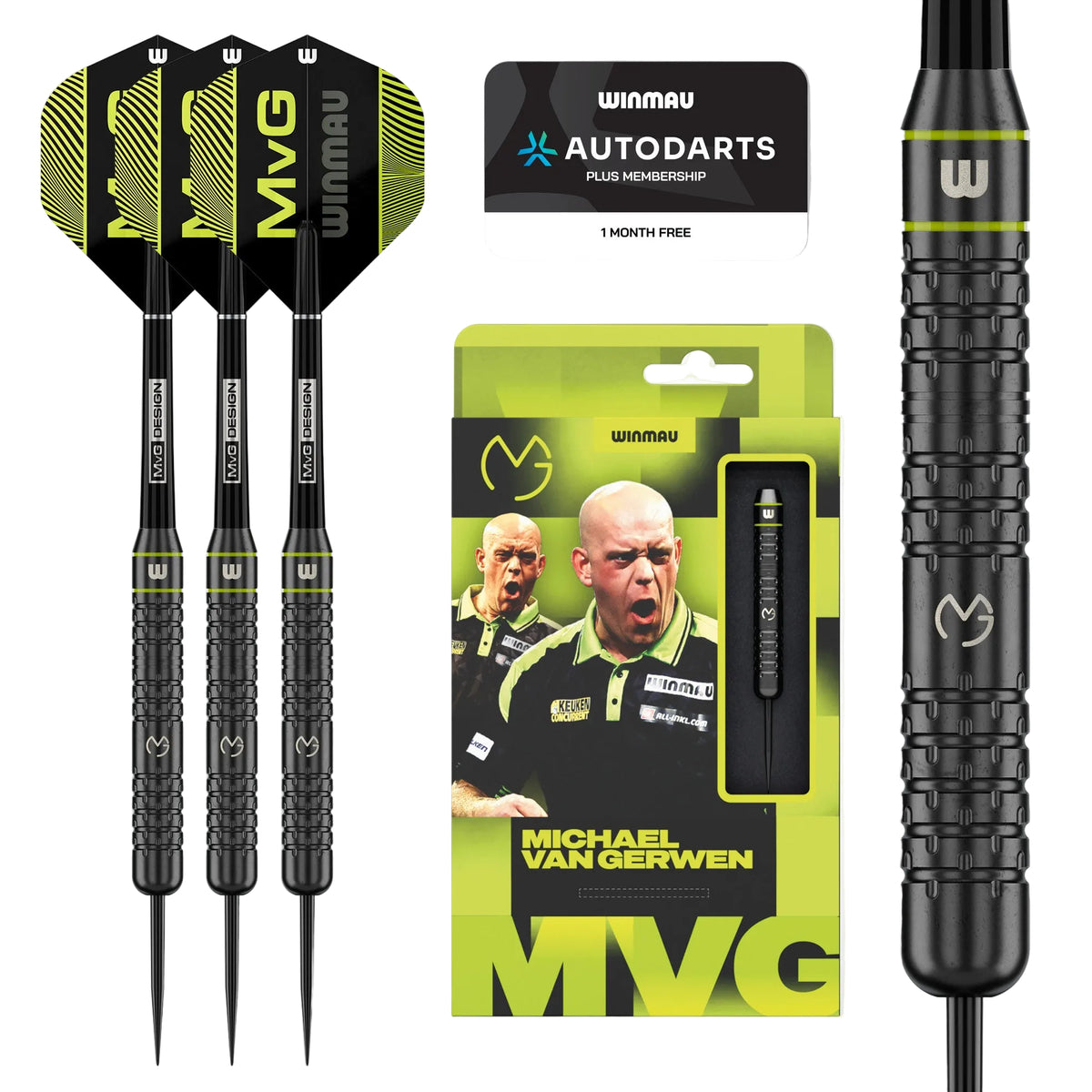 Winmau MVG Core 21g brass darts with green MVG flights, retail packaging and full-length Astra grip close-up