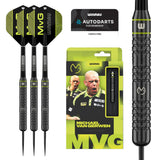 Winmau MVG Core 21g brass darts with green MVG flights, retail packaging and full-length Astra grip close-up