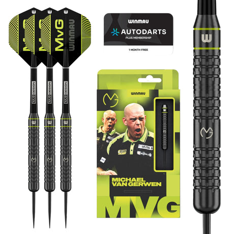 Winmau MVG Core 21g brass darts with green MVG flights, retail packaging and full-length Astra grip close-up