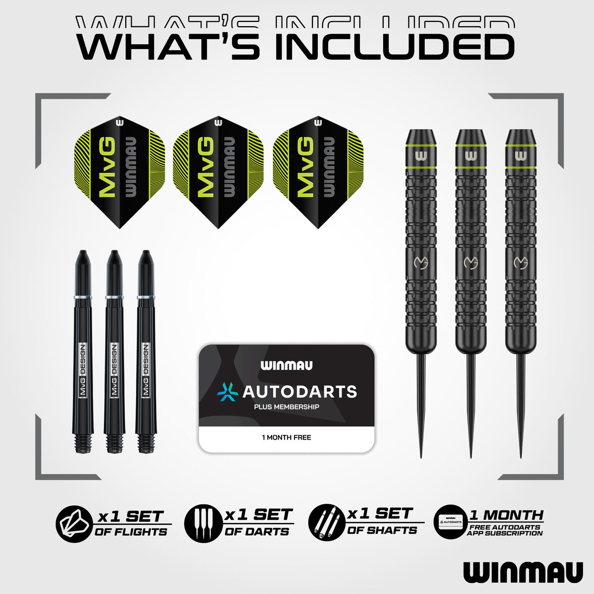 MVG Core box contents showing three brass darts, MVG flights, black stems and Autodarts subscription card