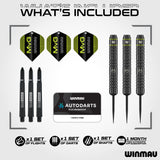 MVG Core box contents showing three brass darts, MVG flights, black stems and Autodarts subscription card