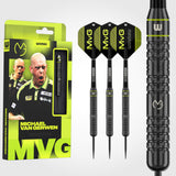 Winmau MVG Core brass dart set alongside Michael van Gerwen retail packaging and barrel close-up