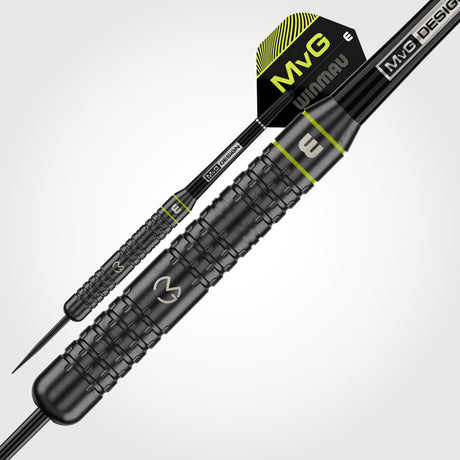 Close-up of the Winmau MVG Core charcoal barrel, green detailing and Astra grip