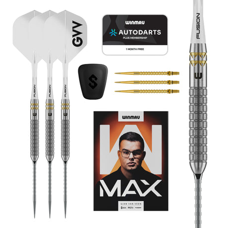 Winmau Gian Van Veen W-Max 90% tungsten darts with GVV Fusion flights, retail packaging and Diamond Fusion barrel close-up