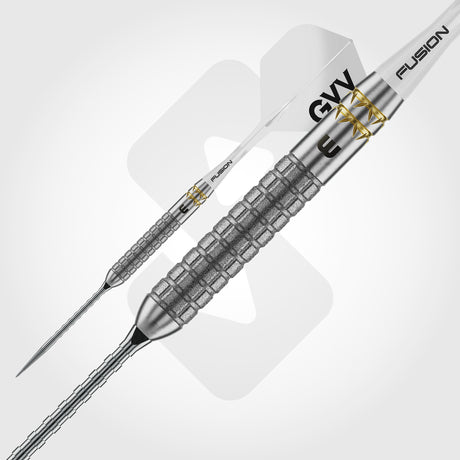 Close-up of Winmau Gian Van Veen W-Max barrel with Diamond Fusion grip, vertical milling and 24-carat gold Paradym rear cut
