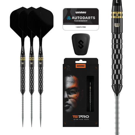 Winmau Gian Van Veen TS-Pro 90% tungsten darts with black Fusion flights, retail packaging and onyx barrel close-up