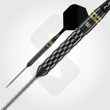 Close-up of Winmau Gian Van Veen TS-Pro onyx PVD barrel with staggered milled cuts and silver micro grip