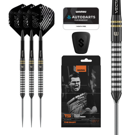 Winmau Gian Van Veen TS 90% tungsten darts with GVV flights, retail packaging and onyx barrel close-up