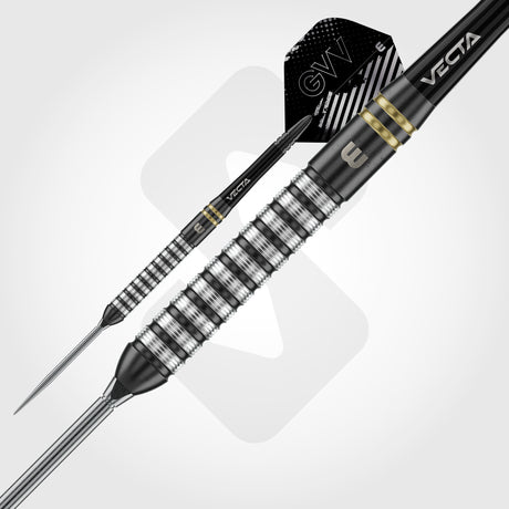 Close-up of Winmau Gian Van Veen TS onyx PVD barrel with fine re-machined micro grip and gold rear detail