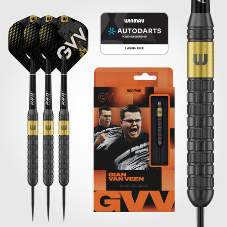 Winmau Gian Van Veen Core brass darts with GVV flights, retail packaging and black and gold barrel close-up