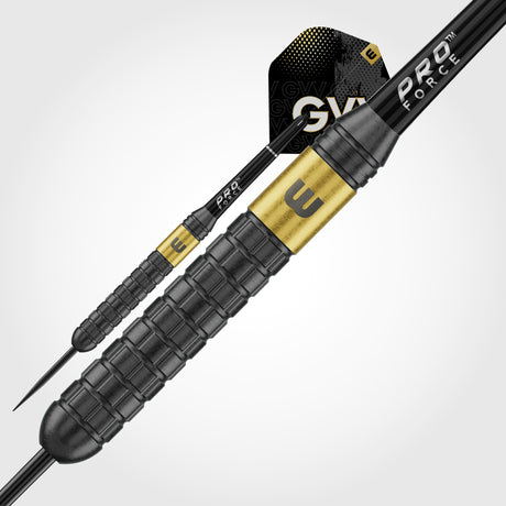 Close-up of Winmau Gian Van Veen Core brass barrel with staggered milled grip and gold GVV band
