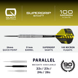 NX90 Parallel specification: 26mm Quick Point, 51mm parallel barrel, Supergrip shafts, 100 micron flights