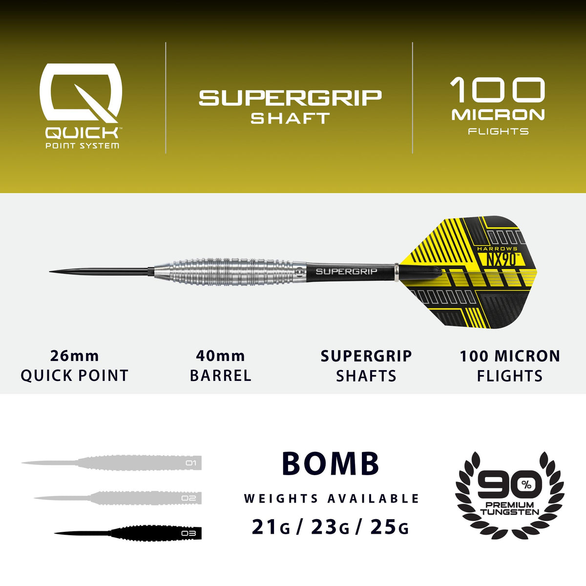 NX90 Bomb specification: 26mm Quick Point, bomb barrel, Supergrip shafts, 100 micron flights