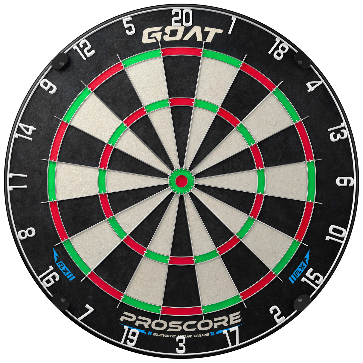 Goat Proscore FLX professional dartboard, full front view showing the thin wire scoring system and sport number ring