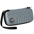 Grey darts case with textured wave pattern, wrist strap, angled full product shot on white background