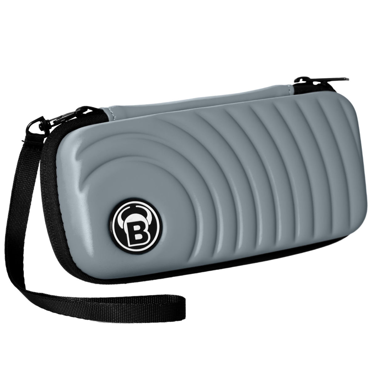 Grey darts case with textured wave pattern, wrist strap, angled full product shot on white background