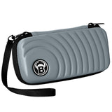 Grey darts case with textured wave pattern, wrist strap, angled full product shot on white background