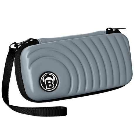 Grey darts case with textured wave pattern, wrist strap, angled full product shot on white background