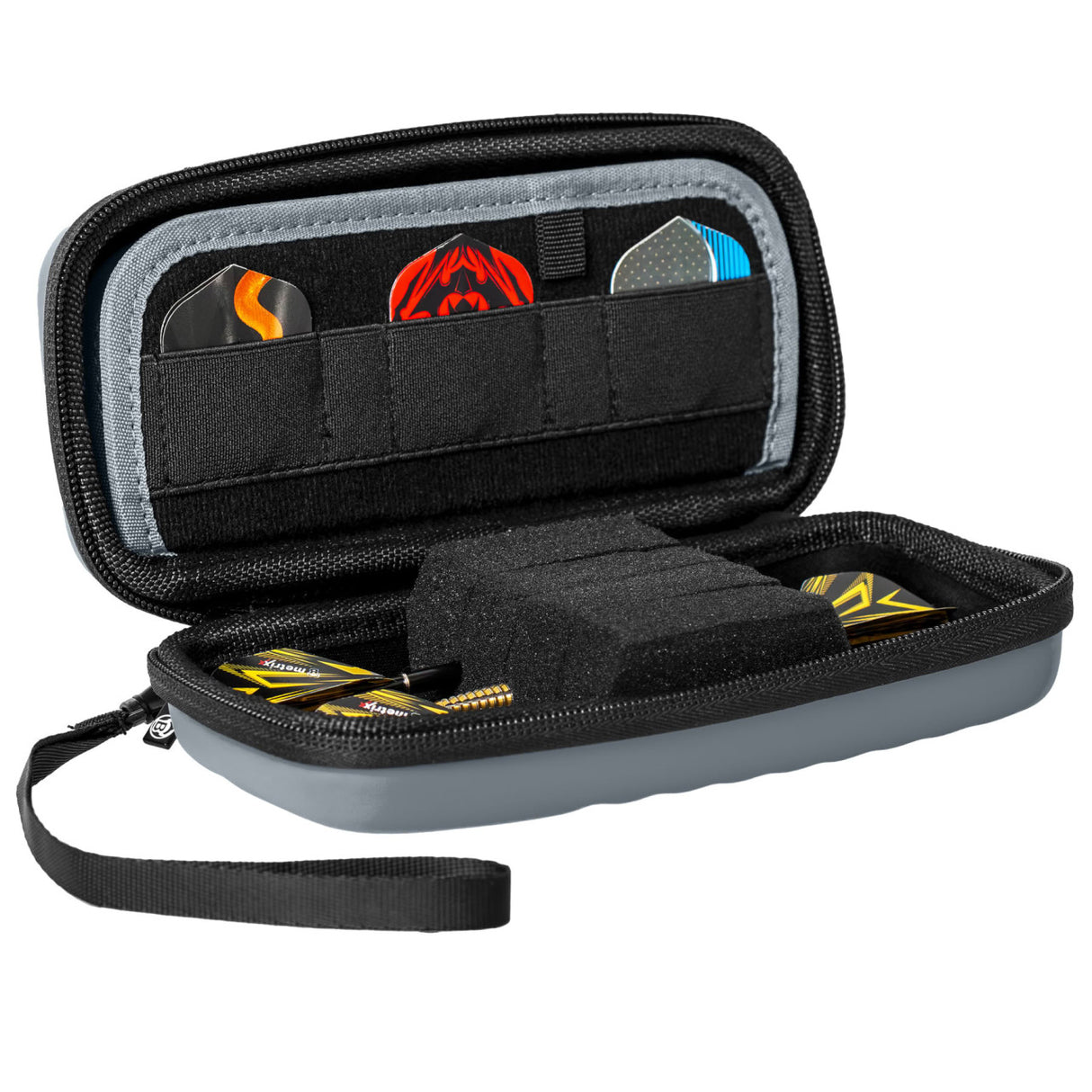 Open grey darts case displaying organized dart storage, foam insert, and multiple flights for dart equipment protection