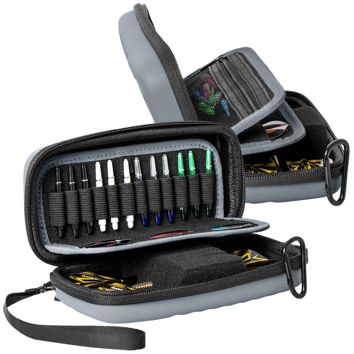 Angled view of open grey small darts case displaying organized dart shafts, flights, and secure interior storage compartments