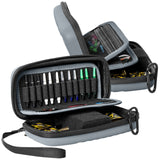 Angled view of open grey small darts case displaying organized dart shafts, flights, and secure interior storage compartments